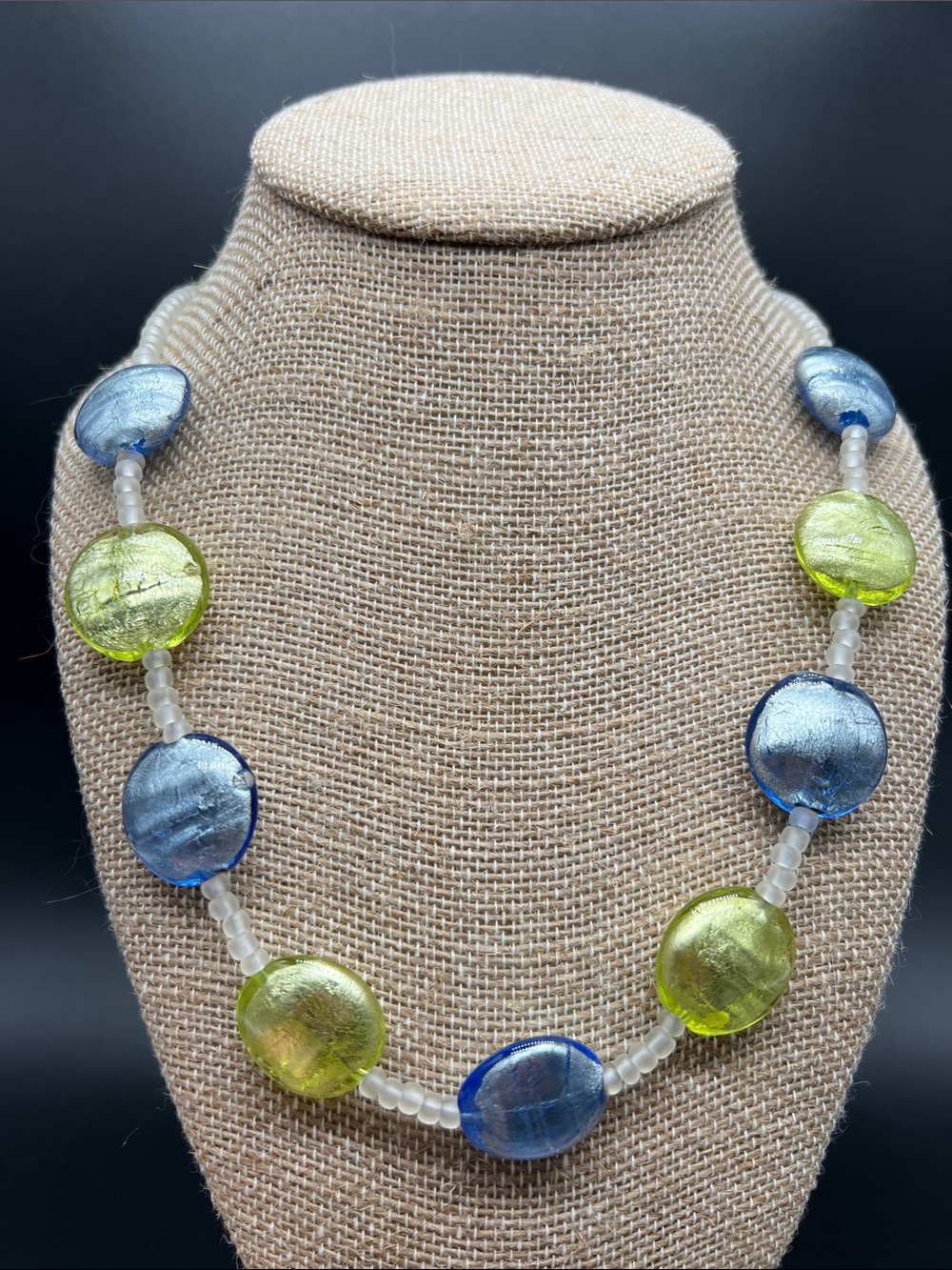 Artisan Foil Glass Bead Necklace Blue Lime Green Frosted Seed Beads 22” Coastal